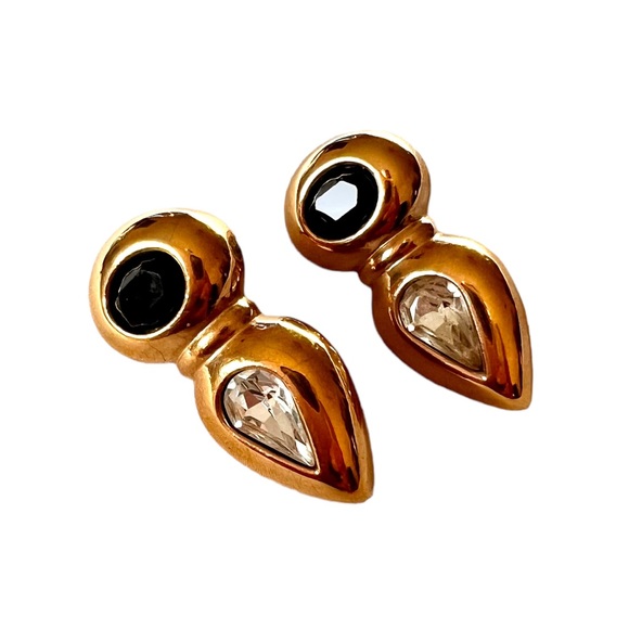Vintage Swarovski Crystal SAL Gold Plated Earrings Black & Clear Crystals EUC - Picture 7 of 11
